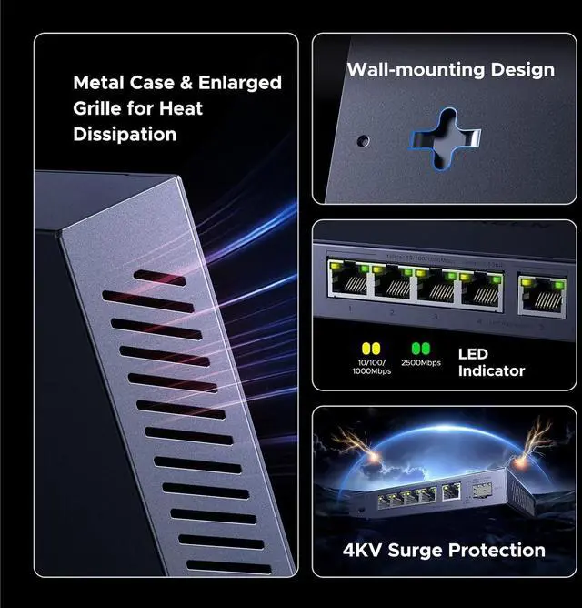 Alt view image 7 of 7 - UGREEN 2.5Gb Switch, 6-Port Ethernet Switch, 5 x 2.5Gb Uplink + 1 x 10Gb SFP+, Standard/Link Aggregation to 5Gbps/VLAN 3 Modes, Plug & Play Unmanaged Splitter, Desktop/Wall Mount, Metal, for NAS, PC