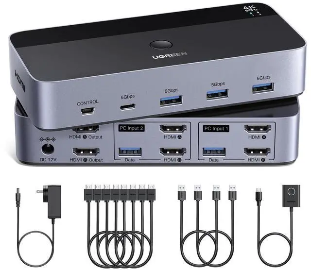 Main image of UGREEN HDMI KVM Switch 2 Monitors 2 Computers 4K@60Hz, with 4 USB 3.0 Ports for 2 Computers Sharing 2 Monitors Keyboard Mouse Printer with 4 HDMI Cables, 2 USB Cables, Power Adapter and Controller
