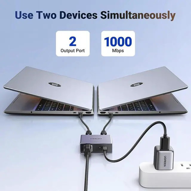 Alt view image 2 of 7 - UGREEN 1000Mbps Ethernet Splitter 1 to 2, Plug and Play, 2 Devices Simultaneously Networking, 3FT USB Power Cable, RJ45 Internet Ethernet Switch for PC, Laptop, PS5, Xbox, TV