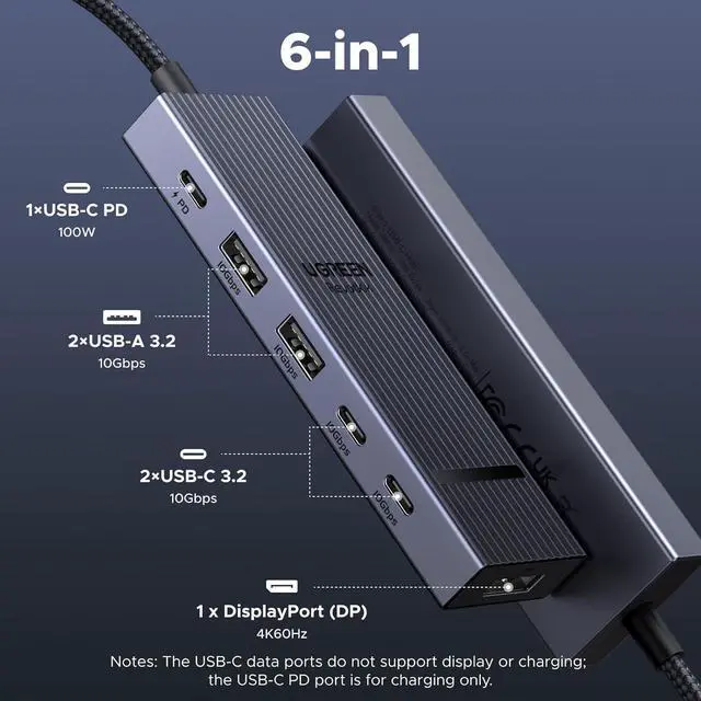 Alt view image 2 of 7 - UGREEN Revodok Pro 6 in 1 USB-C Hub to DisplayPort 4K 60Hz, 100W Power Delivery 10Gbps USB-A and USB-C 3.2 for MacBook Pro/Air, iPad Pro, Thinkpad, Rog Ally and More.