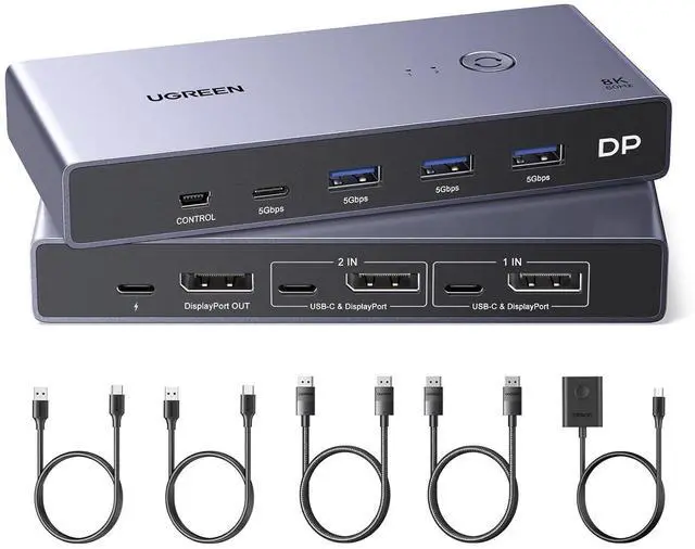 Main image of UGREEN 8K Displayport KVM Switch 2 in 1 Out DP1.4 with 4 USB 3.0 Ports(3 USB-A + 1 USB-C) Support 8K@60Hz 4K@240Hz Share 1 Monitor Keyboard Mouse U-Disk Printer, with 2 DP Cables, 2 USB A to C Cables