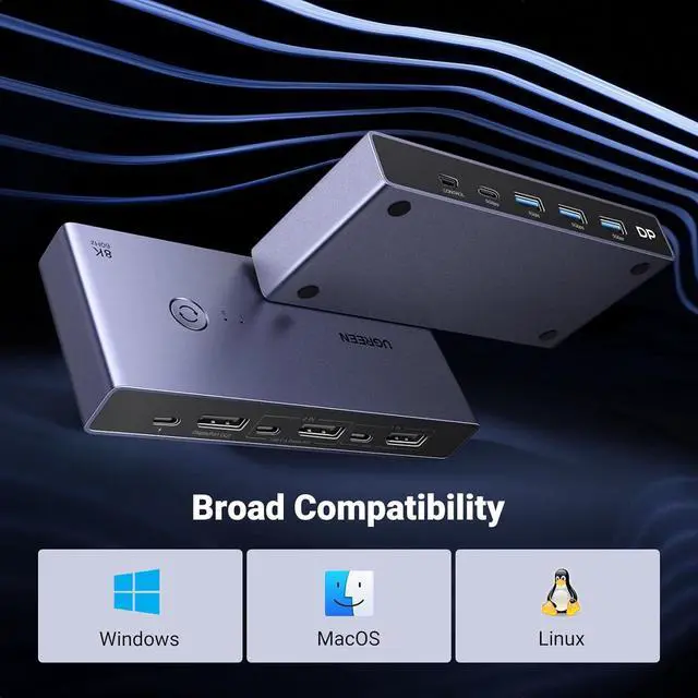 Alt view image 7 of 7 - UGREEN 8K Displayport KVM Switch 2 in 1 Out DP1.4 with 4 USB 3.0 Ports(3 USB-A + 1 USB-C) Support 8K@60Hz 4K@240Hz Share 1 Monitor Keyboard Mouse U-Disk Printer, with 2 DP Cables, 2 USB A to C Cables