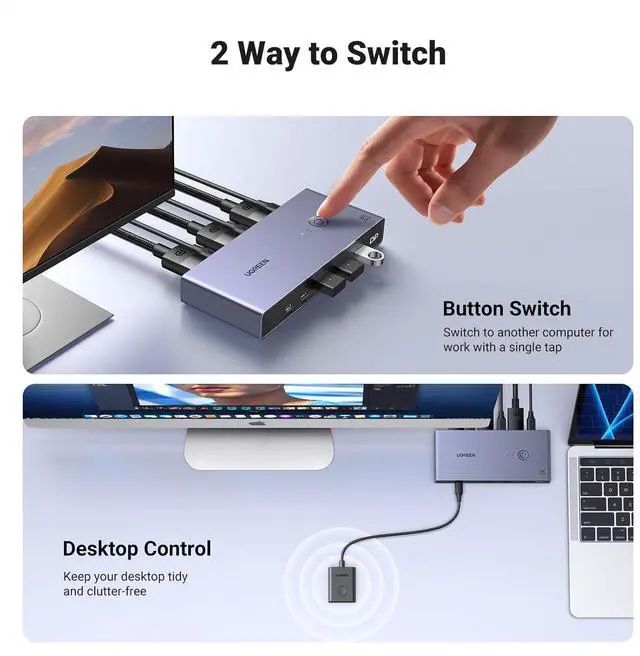 Alt view image 6 of 7 - UGREEN 8K Displayport KVM Switch 2 in 1 Out DP1.4 with 4 USB 3.0 Ports(3 USB-A + 1 USB-C) Support 8K@60Hz 4K@240Hz Share 1 Monitor Keyboard Mouse U-Disk Printer, with 2 DP Cables, 2 USB A to C Cables