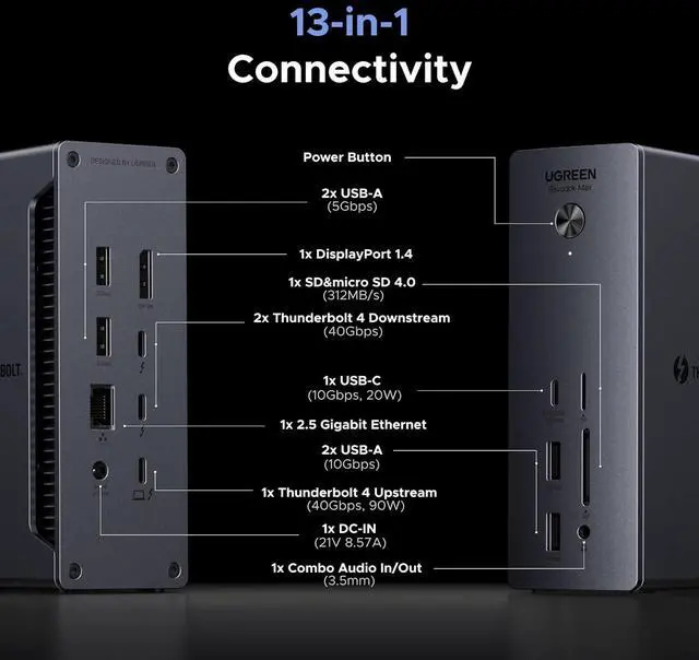 Alt view image 2 of 7 - UGREEN Thunderbolt 4 Dock Revodok Max 213 13-in-1 40Gbps Docking Station with Dual 4K@60Hz Single 8K Display, 90W Charging for Laptop, 2.5GbE, SD/TF 4.0 for MacBook Surface Pro and More