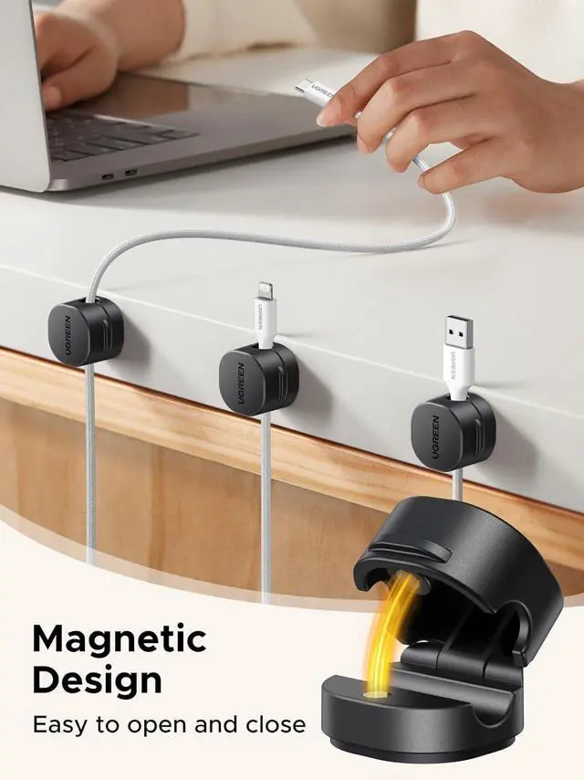 Alt view image 2 of 7 - UGREEN Cable Organizer Clips, Adhesive Cable Management - 6-Pack Strong Magnetic Cord Holder for Desk to Keep Phone Charging Cables, Computer Cords, and Various Cord Organized for Nightstand, Black