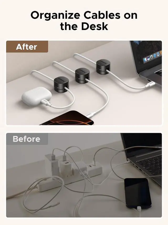 Alt view image 5 of 7 - UGREEN Cable Organizer Clips, Adhesive Cable Management - 6-Pack Strong Magnetic Cord Holder for Desk to Keep Phone Charging Cables, Computer Cords, and Various Cord Organized for Nightstand, Black