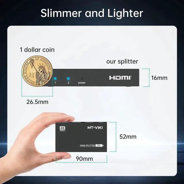 Alt view image 7 of 7 - MT-VIKI Upgraded 4K HDMI Splitter 1 in 2 Out, 1x2 Slim Powered HDMI Splitter for Dual Monitors, 4K@30Hz, Duplicate/Mirror for PS4 Fire Stick HDTV