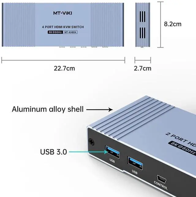 Alt view image 3 of 6 - MT-VIKI 4K@120Hz/144Hz USB 3.0 HDMI KVM Switch 4 Port 8K@60Hz, Aluminum KVM Switch HDMI 2.1, HDR for Games (4 USB 3.0 Cable Included)