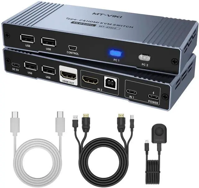 Main image of MT-VIKI 4K Hybrid Type USB C HDMI KVM Switch 2 Port, 4K@60Hz for Apple MacBook & Desktop PC + 65W PD+ Cables