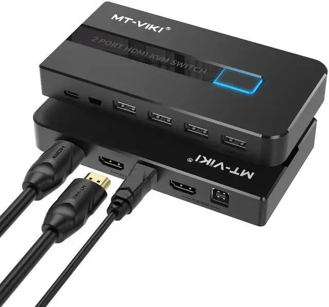 Main image of MT-VIKI KVM Switch HDMI 2 Port Boxes, 4K@30Hz USB HDMI KVM Console for 2 PCs Share 1 HD Monitor and Keyboard Mouse with 2 USB Cables + Desktop Selector