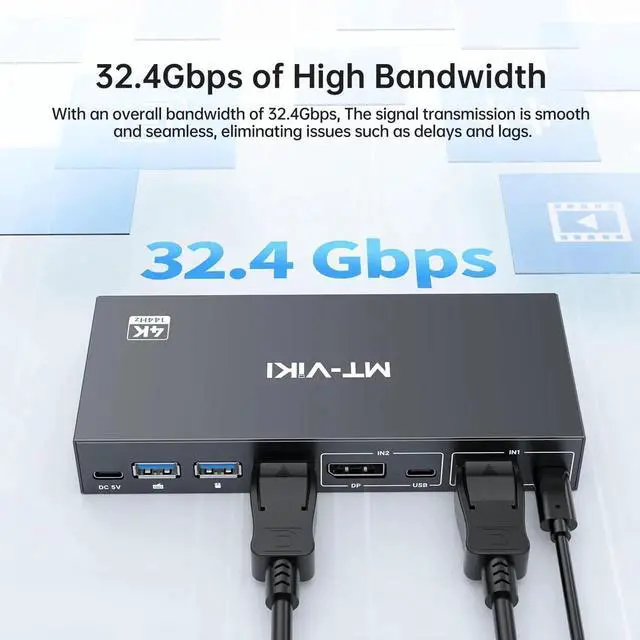 Alt view image 4 of 6 - MT-VIKI 8K Displayport KVM Switch 2 in 1 Out DP1.4 with 4 USB 3.0 Ports, Support 8K@60Hz 4K@144Hz Share 1 Monitor Keyboard Mouse U-Disk Printer, with 2 USB A to C Cables