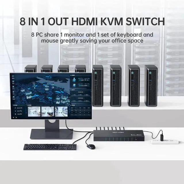Alt view image 2 of 7 - MT-Viki 4K@60Hz 8 Port KVM Switch HDMI w/3.5mm Audio, 1U Rack Mount KVM HDMI Switcher, Support Button/Hotkey/IR Remote Switch, 8 Pack Cables & Rack Ears Included