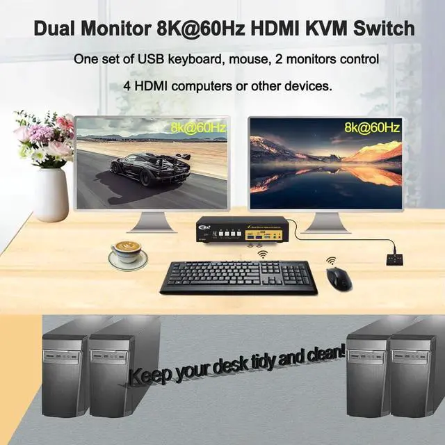 Alt view image 4 of 7 - CKL 8K HDMI 2.1 KVM Switch (4 Computers 2 Monitors with EDID)