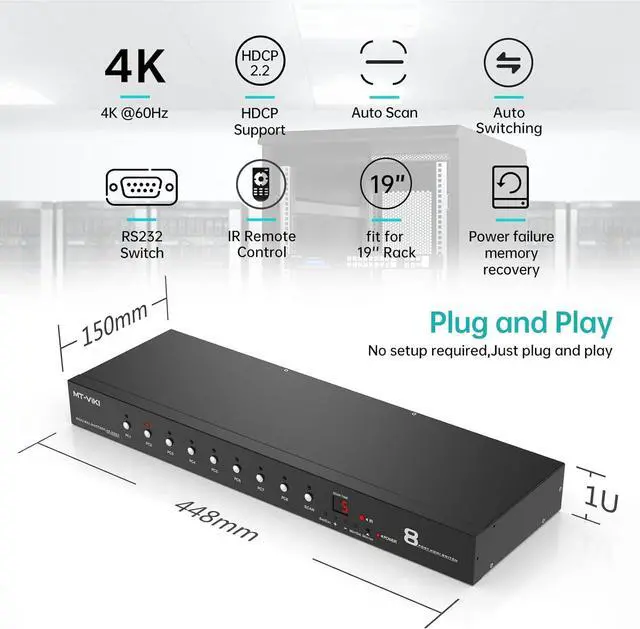 Alt view image 2 of 7 - MT-VIKI Rack Mount HDMI Switch, 8 Ports HDMI Switch 8 in 1 Out 4K@60Hz (4:4:4) HDCP2.2 + Rackmount-Ears+RS232 +Auto Swtich, Auto Scan (8x1)
