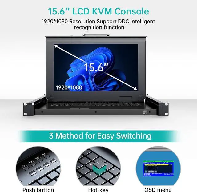 Alt view image 6 of 7 - MT-VIKI Rack Mount KVM, 8 Port KVM VGA Switch w/15.6'' LCD Monitor, 1080P, Mount into 23.6-31.5'' deep Server Cabinet, Integrated Touchpad+Keyboard+8 KVM Cables