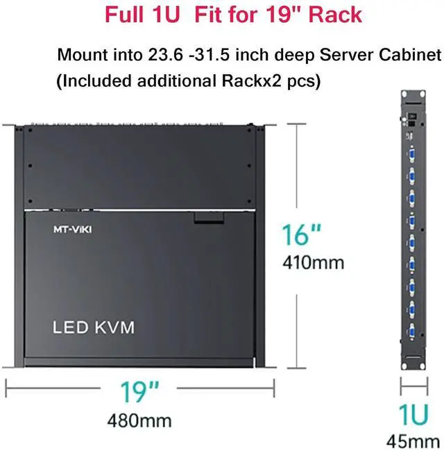 Alt view image 7 of 7 - MT-VIKI Rack Mount KVM, 8 Port KVM VGA Switch w/15.6'' LCD Monitor, 1080P, Mount into 23.6-31.5'' deep Server Cabinet, Integrated Touchpad+Keyboard+8 KVM Cables