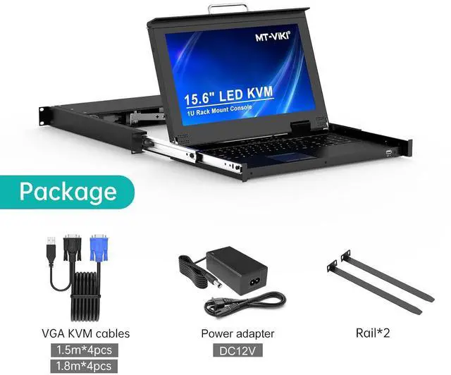 Alt view image 4 of 7 - MT-VIKI Rack Mount KVM, 8 Port KVM VGA Switch w/15.6'' LCD Monitor, 1080P, Mount into 23.6-31.5'' deep Server Cabinet, Integrated Touchpad+Keyboard+8 KVM Cables