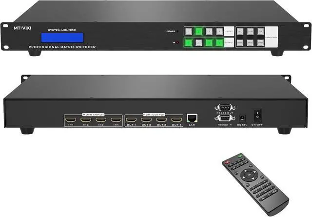 Main image of MT-VIKI 4K HDMI Matrix Switch 4X4, 4K@30Hz Rack Mount Switcher & Splitter with Backlit RS232 LAN Port and EDID, Built-in US ADI Chip (4 in 4 Out)