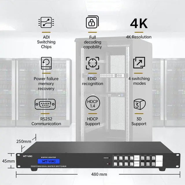 Alt view image 5 of 7 - MT-VIKI 4K HDMI Matrix Switch 4X4, 4K@30Hz Rack Mount Switcher & Splitter with Backlit RS232 LAN Port and EDID, Built-in US ADI Chip (4 in 4 Out)