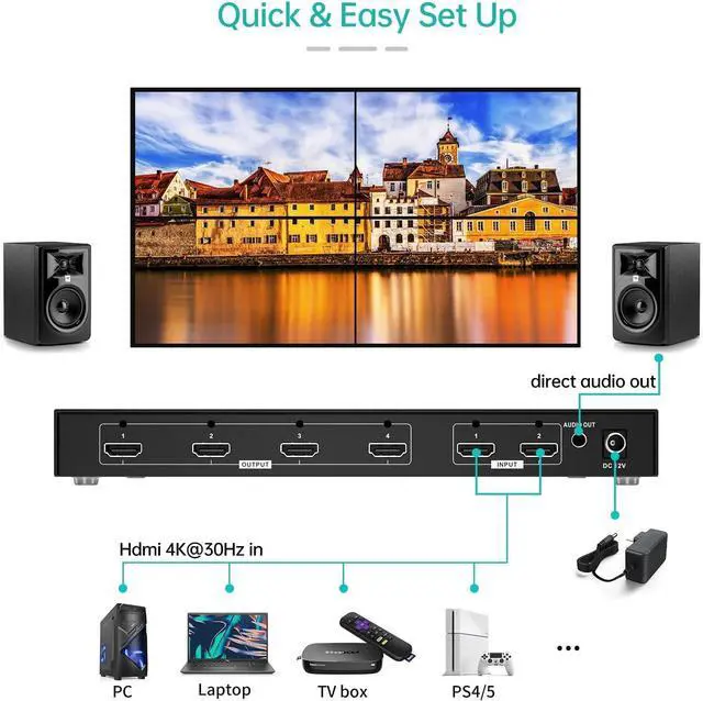 Alt view image 5 of 7 - MT-VIKI 4K Video Wall Controller 2X2 with 2 HDMI Input+ 4 HDMI Output, TV Wall Controller 4K30Hz Support Point-to-Point Display + 180° Degree Rotate + 3.5MM Audio [Non-Stretching & Non-deforming]