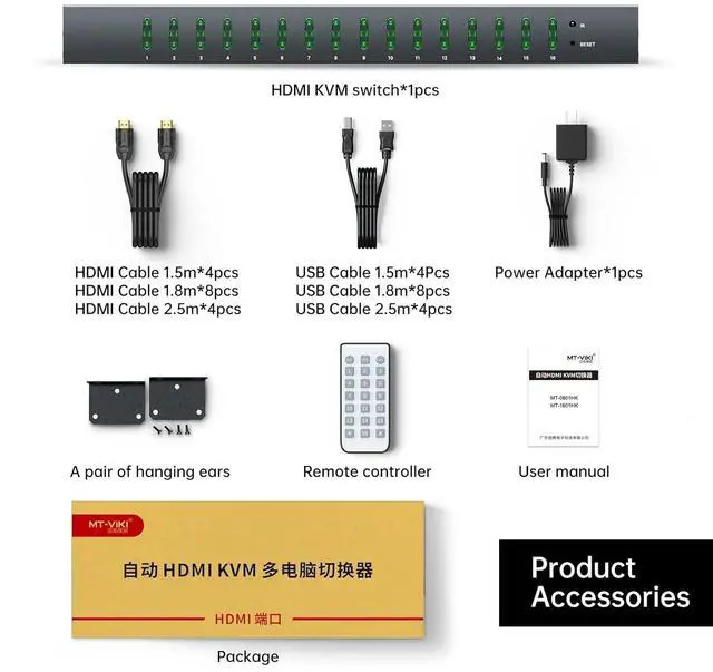 Alt view image 6 of 6 - MT-VIKI 16 Port KVM Switch HDMI 4K@60Hz w/IR Remote, Support Keyboard Hotkey Switch 1U Rack Mount KVM HDMI with 3.5mm Audio, 16 Pack Cables Included (Industrial Grade)