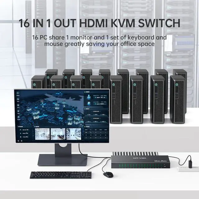 Alt view image 2 of 6 - MT-VIKI 16 Port KVM Switch HDMI 4K@60Hz w/IR Remote, Support Keyboard Hotkey Switch 1U Rack Mount KVM HDMI with 3.5mm Audio, 16 Pack Cables Included (Industrial Grade)