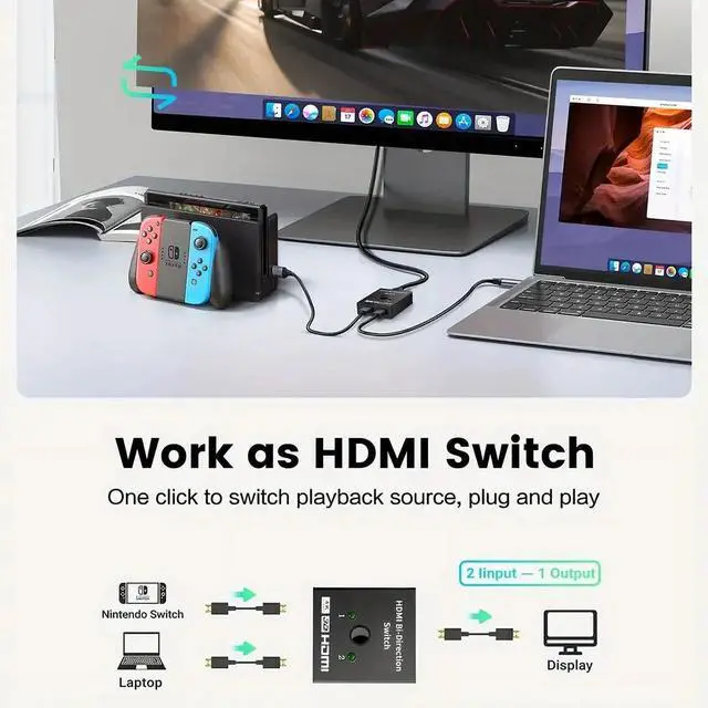 Alt view image 4 of 6 - HDMI Switch 4K@60Hz HDMI Splitter, Bi-Directional HDMI 2.0 HDCP 2.2 Switcher 2 In 1 Out, HDMI Splitter 1 In 2 Out Support 3D HDR For Xbox PS5/4 Roku HDTV Monitor