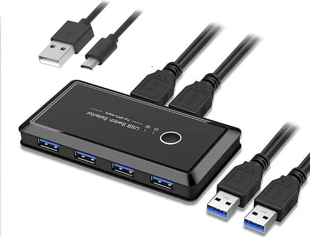 Main image of USB 3.0 Sharing Switch Selector 4 Port 2 Computers Peripheral Switcher Adapter Hub for PC, Printer, Scanner, Mouse, Keyboard with One Button Swapping and 2 Pack USB Male Cable