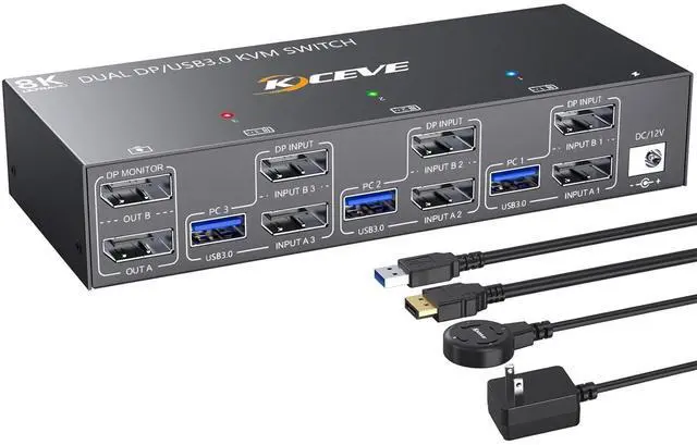 Main image of KVM Switch 2 Monitors 3 Computers 4K@144Hz, Displayport KVM Switch Dual Monitor for 3 Computer Share 2 Monitor and 4 USB 3.0 Devices, with Wired Remote, Power Adapter