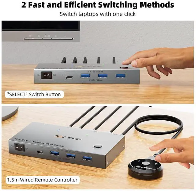 Alt view image 7 of 7 - KVM Switch 2 Monitors 2 Laptops USB C, KVM Switch Dual Monitor HDMI 4K@60Hz for 2 Laptops Share 4 USB 3.0 Devices with 80W PD, with 2 USB-C Cables and Wired Remote
