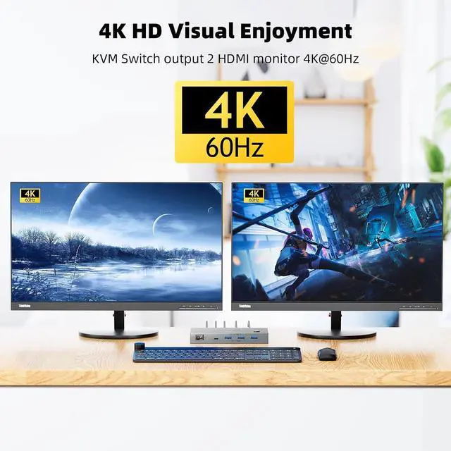 Alt view image 4 of 7 - KVM Switch 2 Monitors 2 Laptops USB C, KVM Switch Dual Monitor HDMI 4K@60Hz for 2 Laptops Share 4 USB 3.0 Devices with 80W PD, with 2 USB-C Cables and Wired Remote