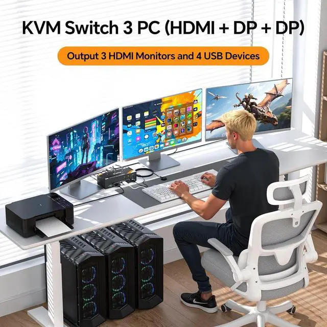 Alt view image 2 of 7 - USB 3.0 KVM Switch 3 Monitors 3 Computers Displayport HDMI, Triple Monitor KVM Switch 8K@60Hz 4K@144Hz for 3 Computers Share Mouse Keyboard, Wired Remote and Power Adapter