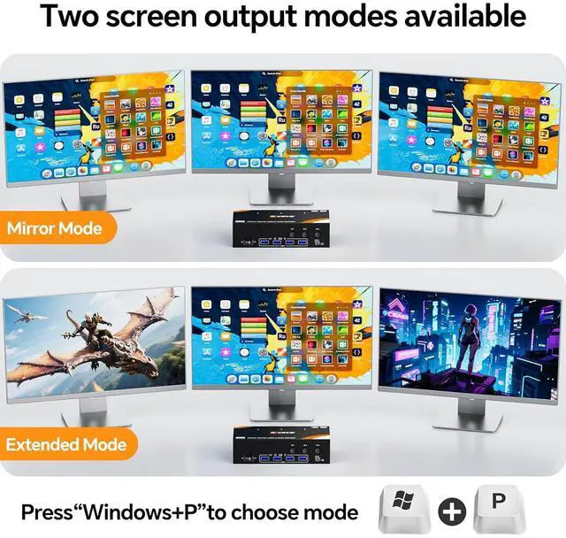 Alt view image 6 of 7 - USB 3.0 KVM Switch 3 Monitors 3 Computers Displayport HDMI, Triple Monitor KVM Switch 8K@60Hz 4K@144Hz for 3 Computers Share Mouse Keyboard, Wired Remote and Power Adapter