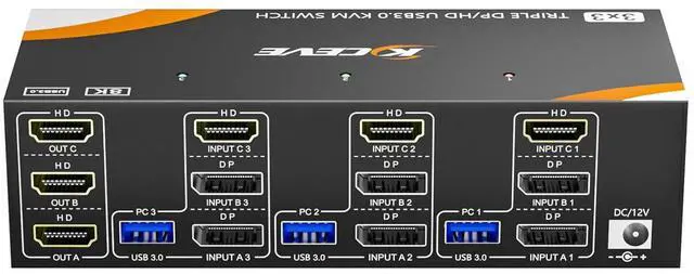 Main image of USB 3.0 KVM Switch 3 Monitors 3 Computers Displayport HDMI, Triple Monitor KVM Switch 8K@60Hz 4K@144Hz for 3 Computers Share Mouse Keyboard, Wired Remote and Power Adapter