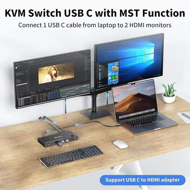 Alt view image 6 of 7 - KVM Switch 2 Monitors 2 Computers USB C HDMI DP, KVM Switch Dual Monitor for Laptop & Desktop, USB 3.0 MST Dual HDMI 4K@60Hz, PD 60W for Laptop, with Wired Remote