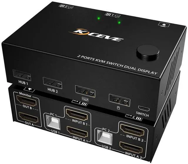 Main image of KVM Switch 2 Monitors 2 Computers, HDMI KVM Switch Dual Monitor for 2 Computer Share 2 Monitor and 4 USB Devices, 4K@30Hz 1080P@120Hz, with Wired Remote, USB Cable