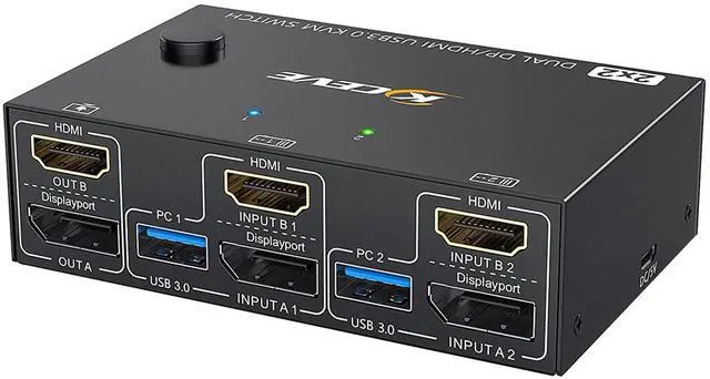 Main image of KVM Switch 2 Monitors 2 Computers HDMI+DP, USB 3.0 Dual Monitor KVM Switch 4K@60Hz for 2 Computers Share 4 USB Devices Mouse Keyboard, with Wired Remote Controller