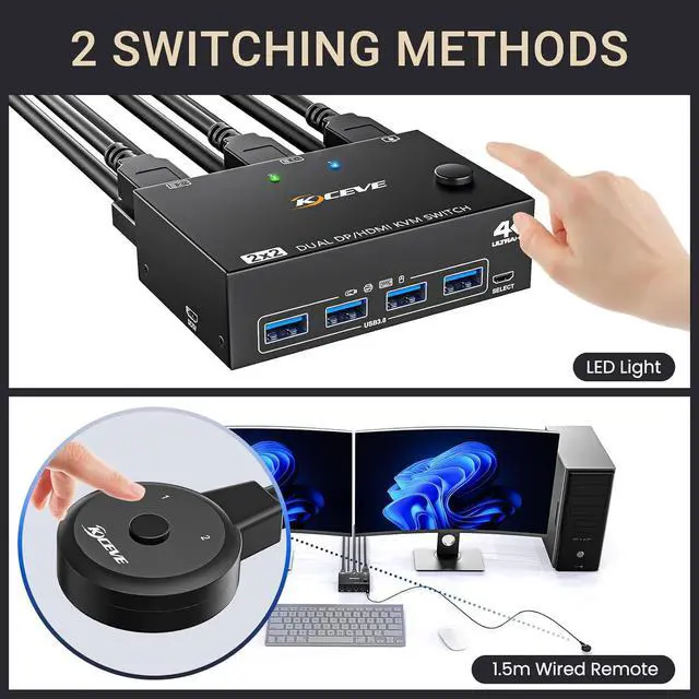 Alt view image 6 of 7 - KVM Switch 2 Monitors 2 Computers HDMI+DP, USB 3.0 Dual Monitor KVM Switch 4K@60Hz for 2 Computers Share 4 USB Devices Mouse Keyboard, with Wired Remote Controller