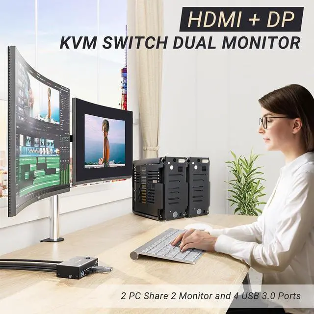 Alt view image 2 of 7 - KVM Switch 2 Monitors 2 Computers HDMI+DP, USB 3.0 Dual Monitor KVM Switch 4K@60Hz for 2 Computers Share 4 USB Devices Mouse Keyboard, with Wired Remote Controller