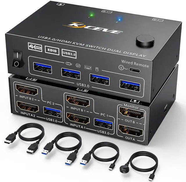 Main image of KVM Switch 2 Computers 2 Monitors, KCEVE Dual Monitor HDMI KVM Switcher USB 3.0 Version, 4K@60Hz HD Resolution, Support Copy and Extended Display, with EDID Function to Keep Window in Right Place