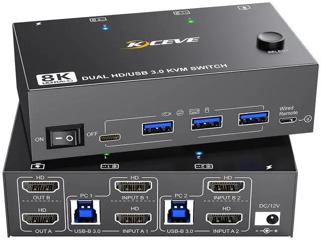 Main image of 8K KVM Switch 2 Monitors 2 Computers, KCEVE Dual Monitor USB 3.0 HDMI KVM Switches, Support 7680x4320@60Hz, 3840x2160@120Hz Resolution for 2 Computers Share Mouse Keyboard and Monitor