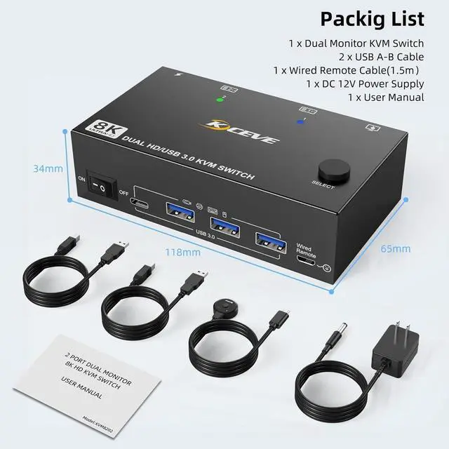 Alt view image 7 of 7 - 8K KVM Switch 2 Monitors 2 Computers, KCEVE Dual Monitor USB 3.0 HDMI KVM Switches, Support 7680x4320@60Hz, 3840x2160@120Hz Resolution for 2 Computers Share Mouse Keyboard and Monitor