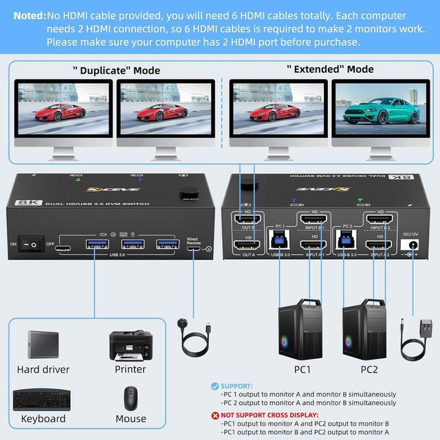 KVM Switch KCEVE DisplayPort USB 3.0, 3 Computer Su 2 Monitor, Supporto 4K@60Hz E 8K@30Hz, Condivisione Tastiera E Mouse