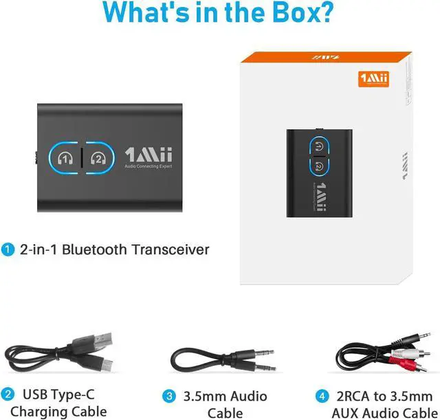 Alt view image 7 of 7 - 1Mii Bluetooth 5.3 Transmitter Receiver for TV to Wireless Headphones, Dual Link AptX Adaptive/Low Latency/HD Audio, Aux Adapter for Home Stereo, Airplane, Boat, Gym