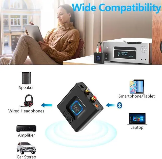 Alt view image 3 of 7 - 1Mii Bluetooth 5.1 Receiver for Home Stereo, Bluetooth Audio Adapter with 3.5mm RCA, Wireless Hi-Fi Music Streaming from Smartphone/Tablet to Wired Speaker, 12hrs Playtime, Bass Mode