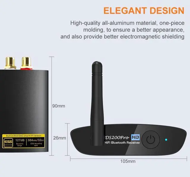 Alt view image 7 of 7 - 1Mii HiFi Bluetooth 5.3 Music Receiver for Home Stereo with LDAC, Bluetooth Audio Adapter with Audiophile DAC aptX HD, RCA Optical Output for AV Receiver or Stereo Amplifier - DS200Pro