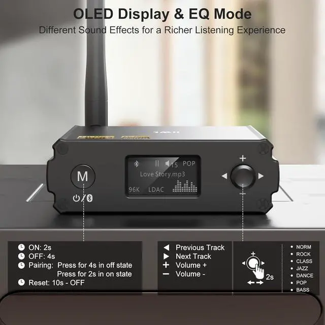 Alt view image 5 of 7 - 1Mii DS220 HiFi Bluetooth Receiver  Long Range Wireless Audio Adapter with Audiophile DAC, LDAC & aptX HD, OLED Display, Optical/Coaxial/RCA Outputs for Home Stereo & AV Receiver