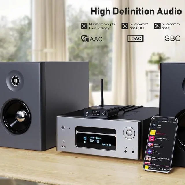 Alt view image 3 of 7 - 1Mii DS220 HiFi Bluetooth Receiver  Long Range Wireless Audio Adapter with Audiophile DAC, LDAC & aptX HD, OLED Display, Optical/Coaxial/RCA Outputs for Home Stereo & AV Receiver