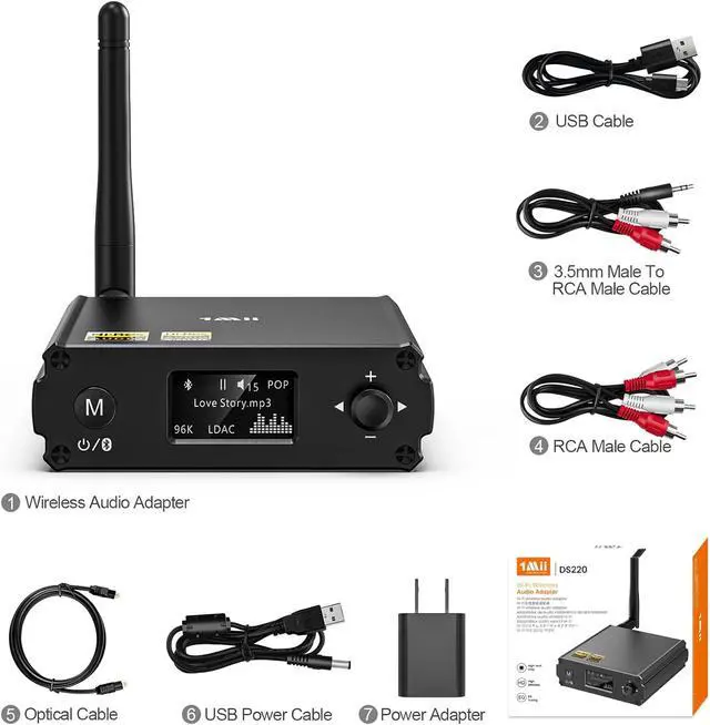 Alt view image 7 of 7 - 1Mii DS220 HiFi Bluetooth Receiver  Long Range Wireless Audio Adapter with Audiophile DAC, LDAC & aptX HD, OLED Display, Optical/Coaxial/RCA Outputs for Home Stereo & AV Receiver