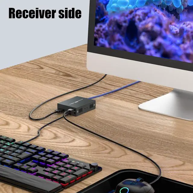 Alt view image 7 of 7 - PWAY HDMI KVM USB Extender Over Ethernet Cat5e/6 1080P HD Video Source Controlled by Keyboard Mouse